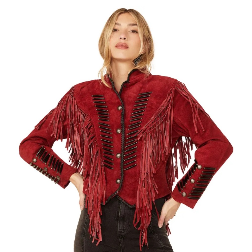 Cripple Creek Elegant Red Suede Fringe Leather Jacket